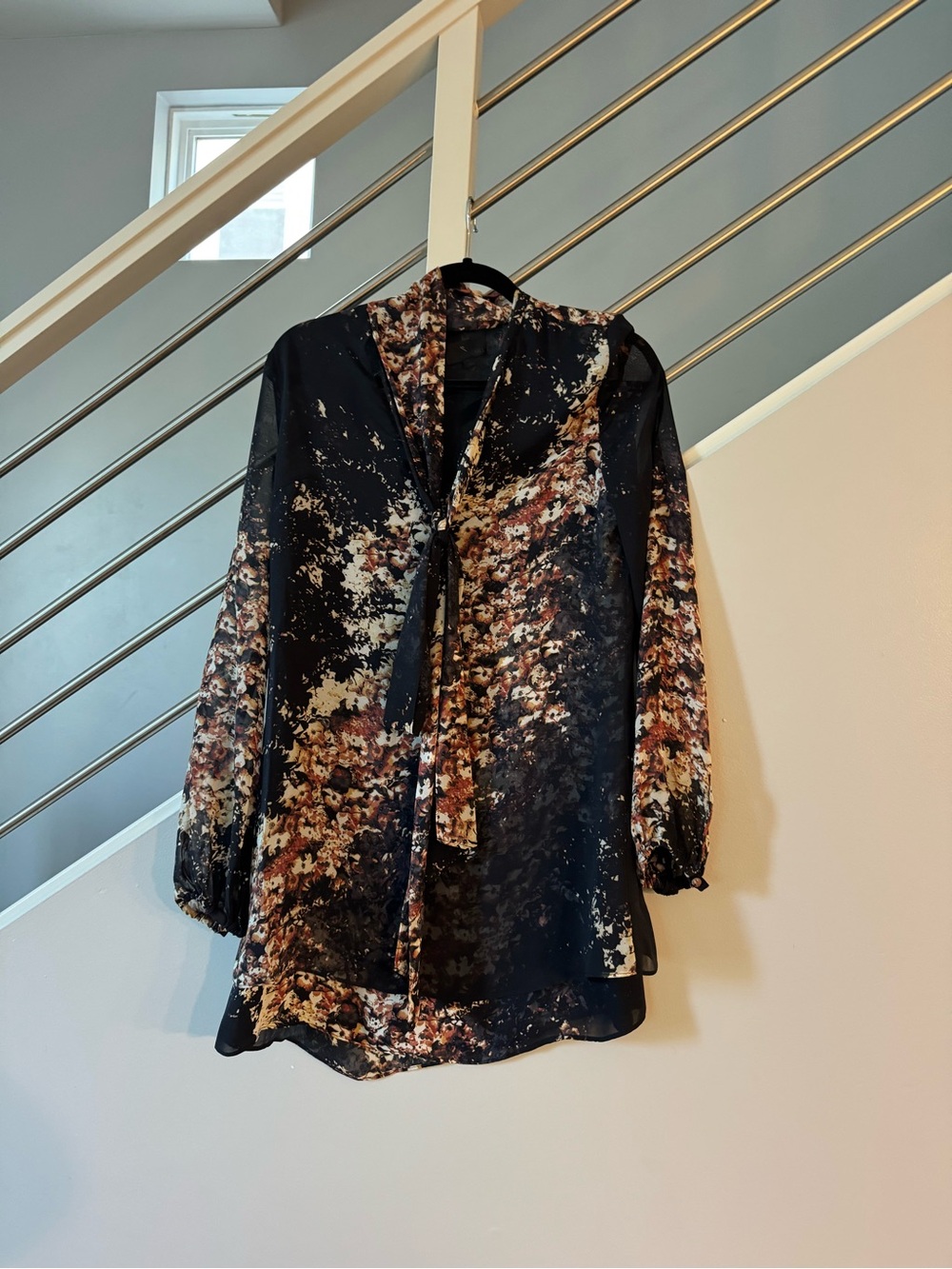 INTERMIX Black Multi Abstract Print Tie-Neck Mini Dress